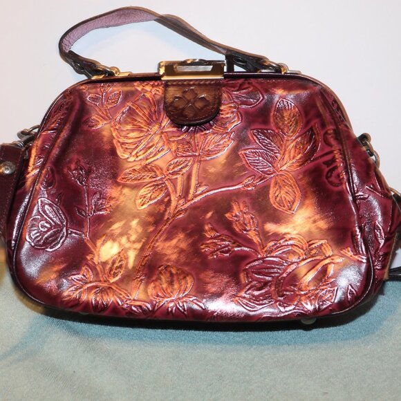 Patricia Nash Gracchi Tooled Leather Frame Satchel Crossbody Purse– Dark Red - Picture 1 of 12